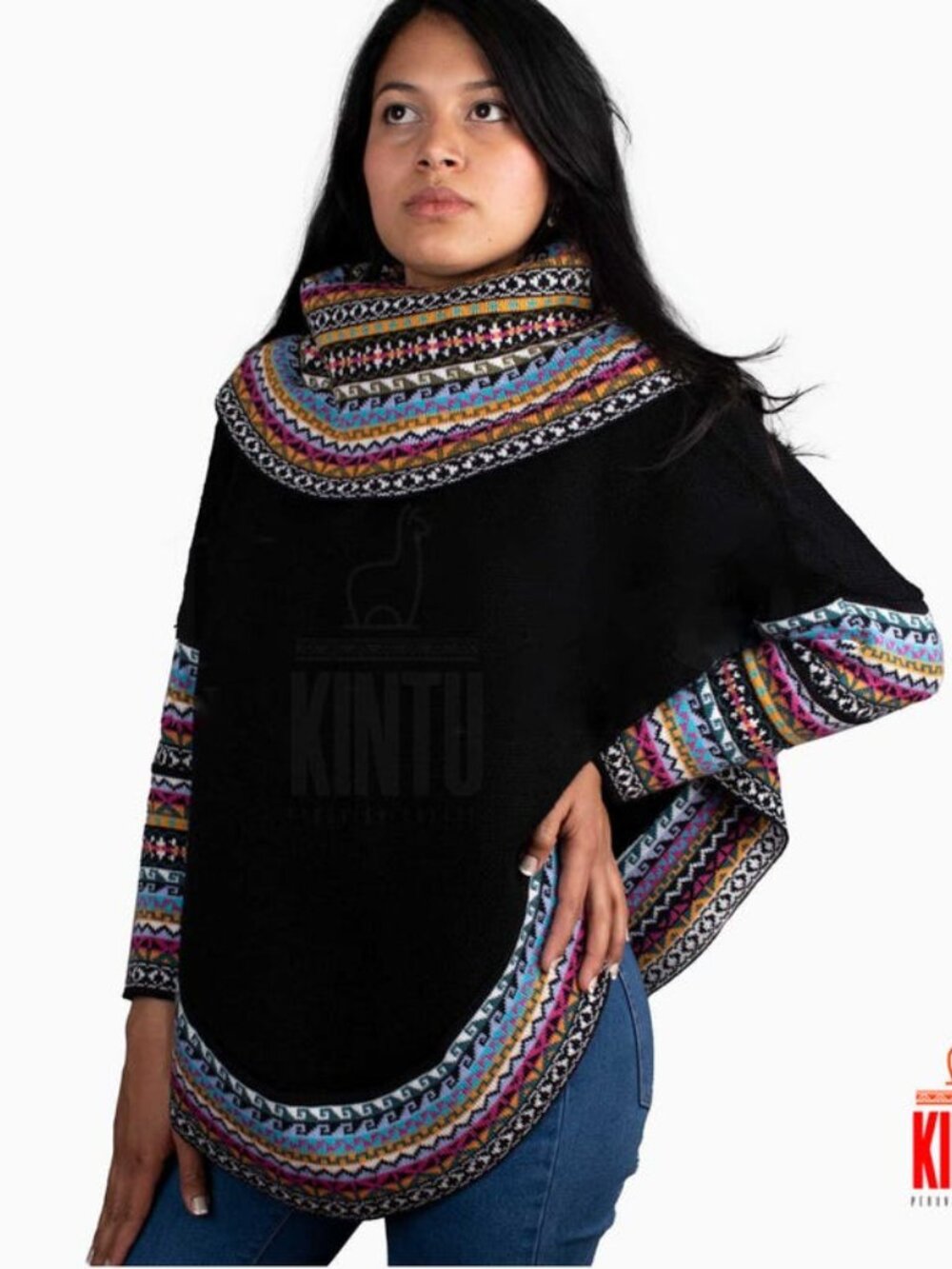 Black Hooded Women's Poncho with Multicolor Fair Isle Trim